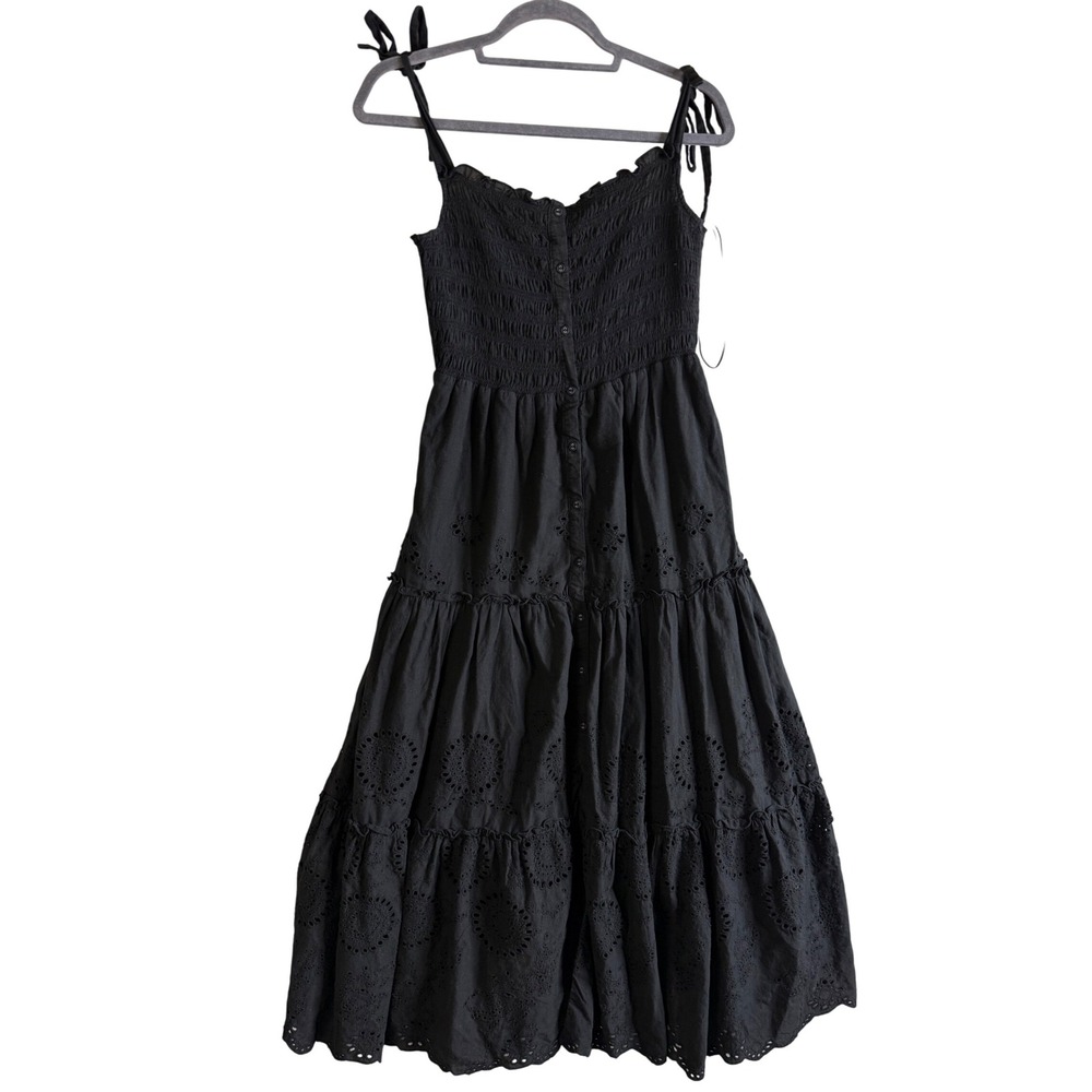 ASTR Dress Women's Medium Black Smocked Tiered Eyelet Midi Dress Tie Strapsโ